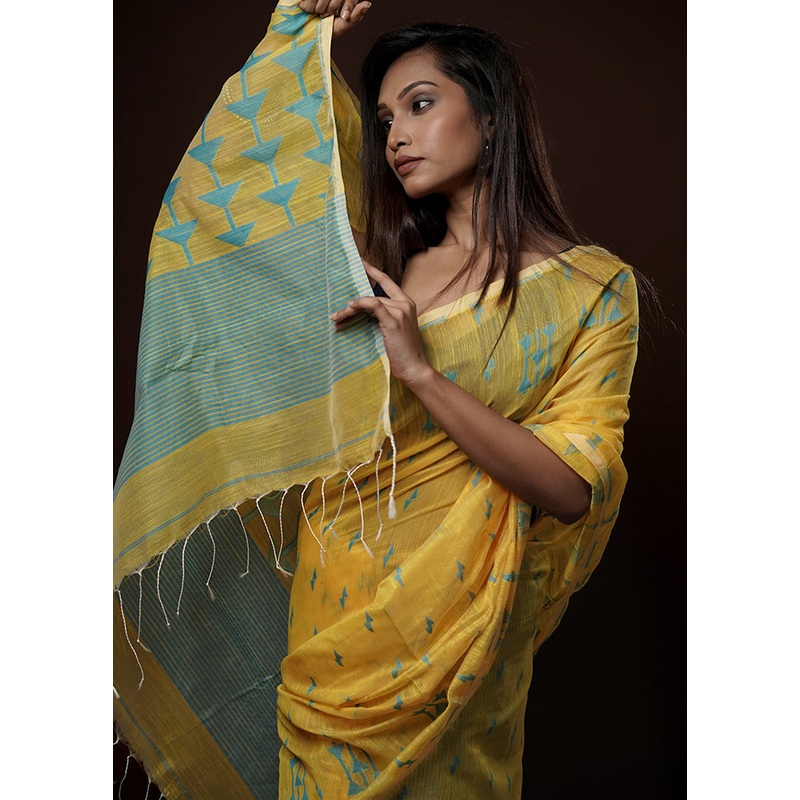Yellow Cotton Saree With Blouse Piece - JD986581612