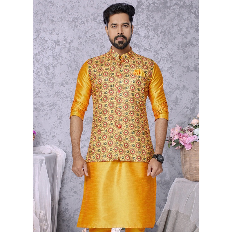Yellow Full Sleeves Mandarin Collar Waistcoat - JD986581695