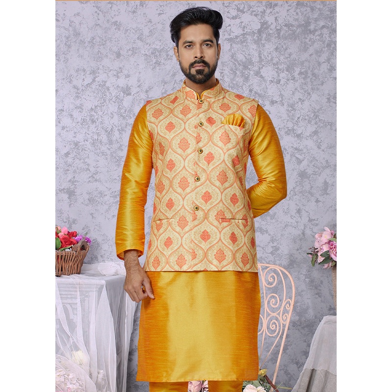 Yellow Full Sleeves Mandarin Collar Waistcoat - JD986581696