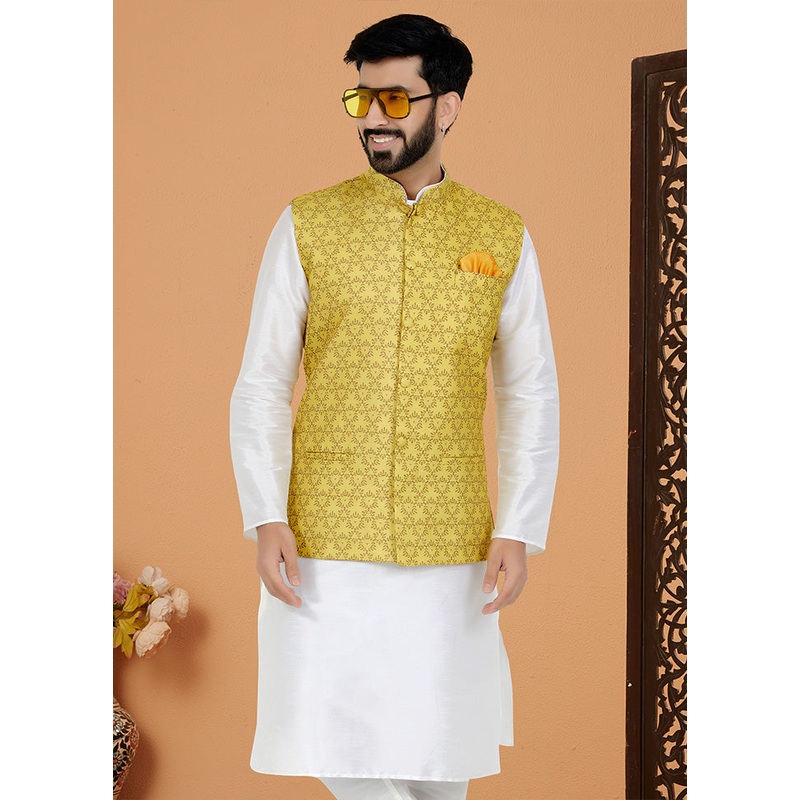 Yellow Full Sleeves Mandarin Collar Waistcoat - JD986581697