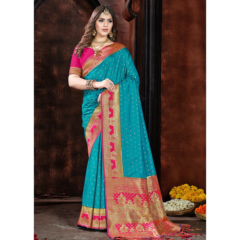 Blue Dupion Silk Saree With Blouse Piece - JD986581383