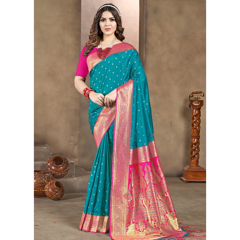 Blue Dupion Silk Saree With Blouse Piece - JD986581384