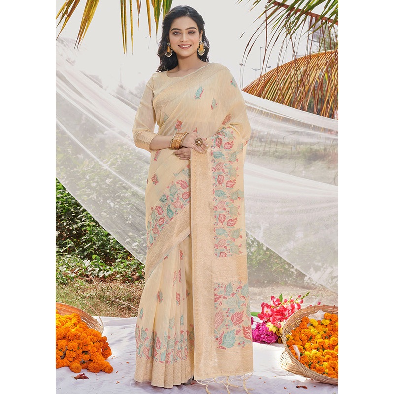 Cream Cotton Saree With Blouse Piece - JD986581451