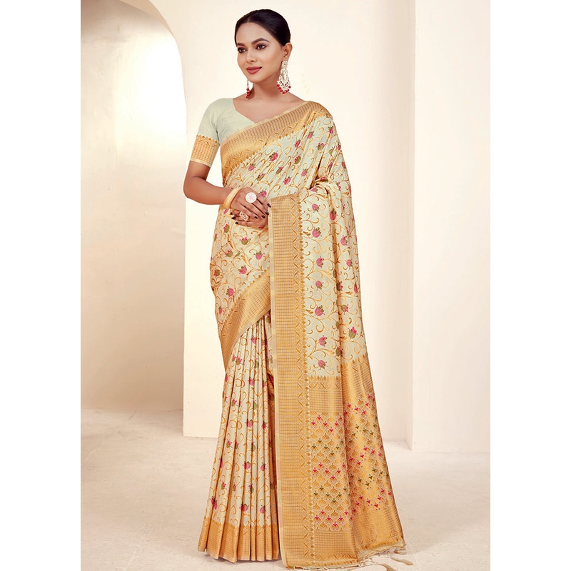 Cream Dupion Silk Saree With Blouse Piece - JD986581450