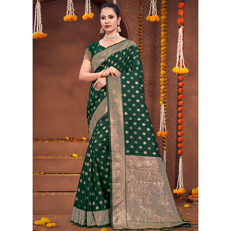 Dark Green Dupion Silk Saree With Blouse Piece - JD986581452
