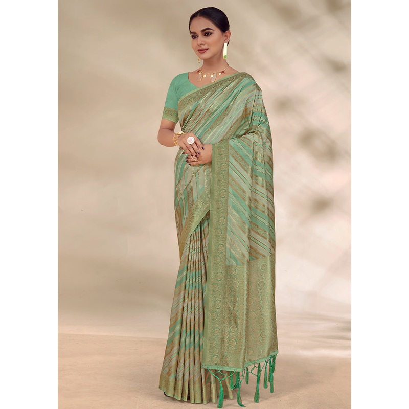 Green Cotton Saree With Blouse Piece - JD986581453