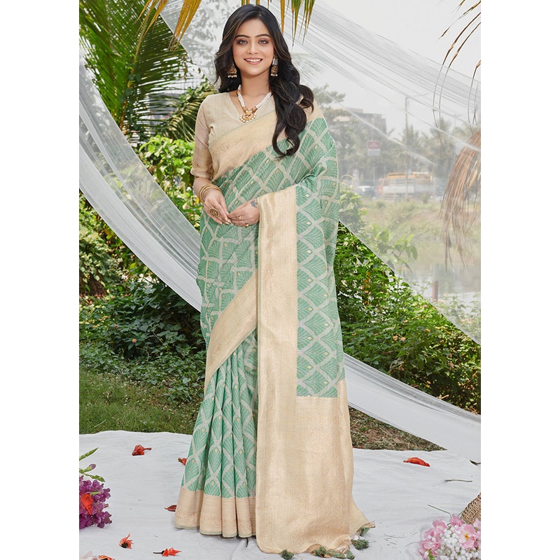 Green Cotton Saree With Blouse Piece - JD986581455