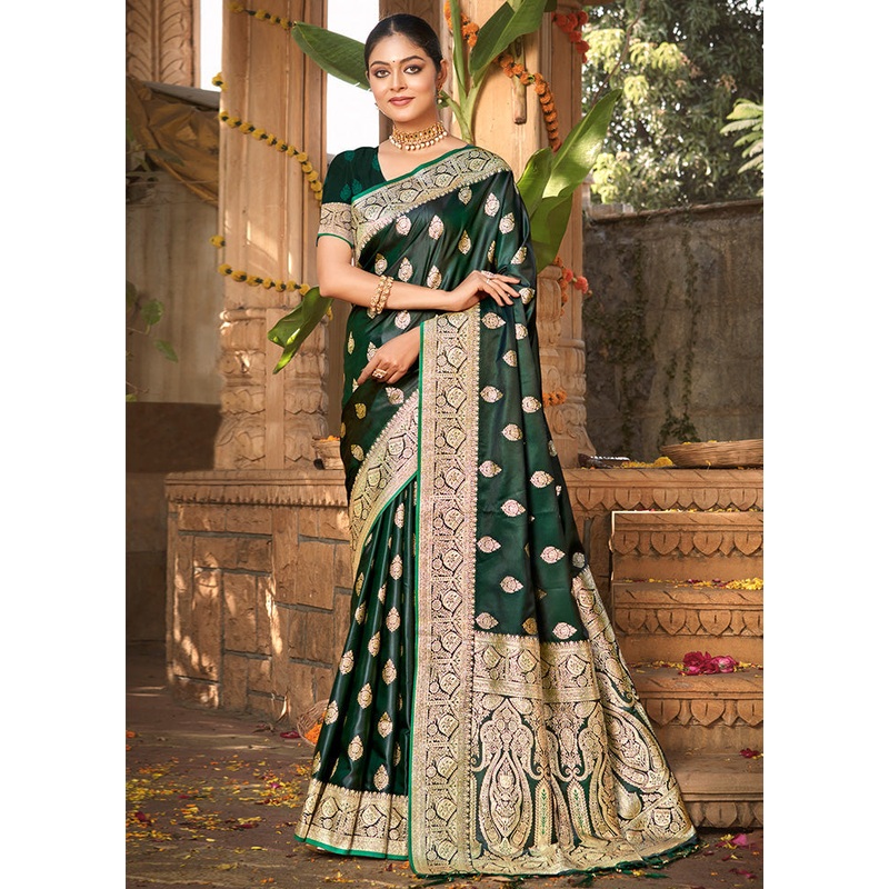 Green Dupion Silk Saree With Blouse Piece - JD986581404