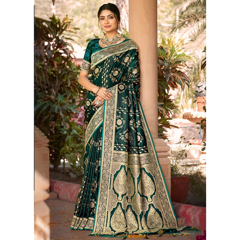 Green Dupion Silk Saree With Blouse Piece - JD986581405