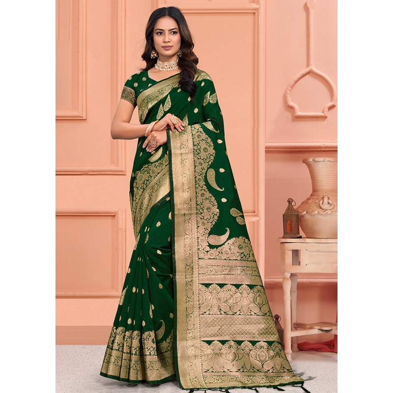 Green Dupion Silk Saree With Blouse Piece - JD986581454