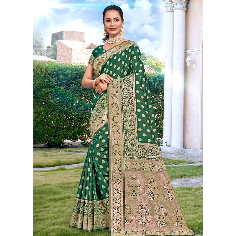 Green Dupion Silk Saree With Blouse Piece - JD986581456