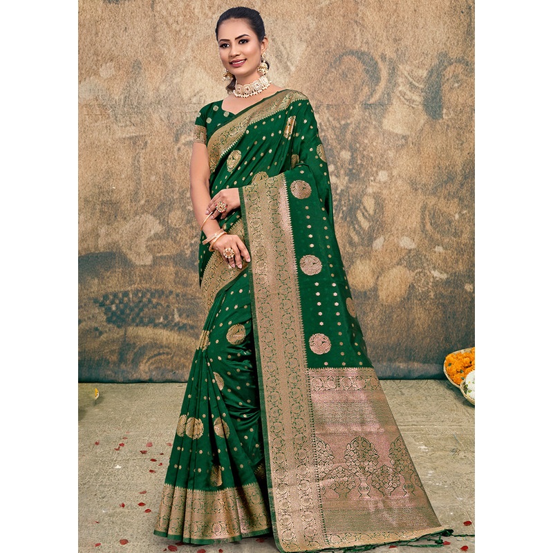 Green Dupion Silk Saree With Blouse Piece - JD986581457