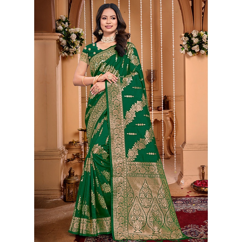 Green Dupion Silk Saree With Blouse Piece - JD986581458