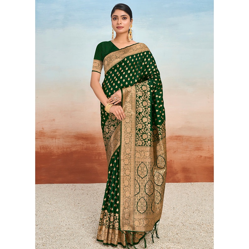 Green Dupion Silk Saree With Blouse Piece - JD986581459