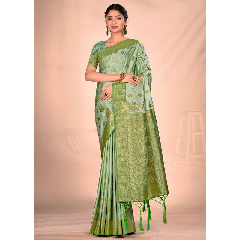 Green Dupion Silk Saree With Blouse Piece - JD986581460