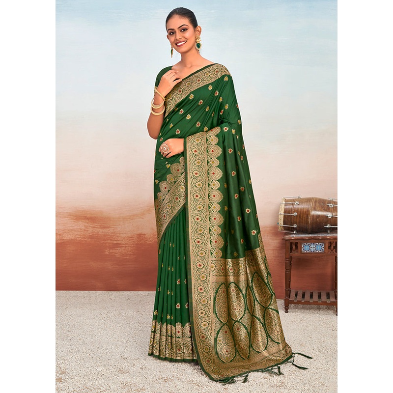 Green Dupion Silk Saree With Blouse Piece - JD986581462