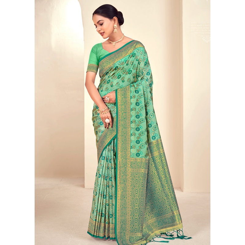 Green Dupion Silk Saree With Blouse Piece - JD986581463