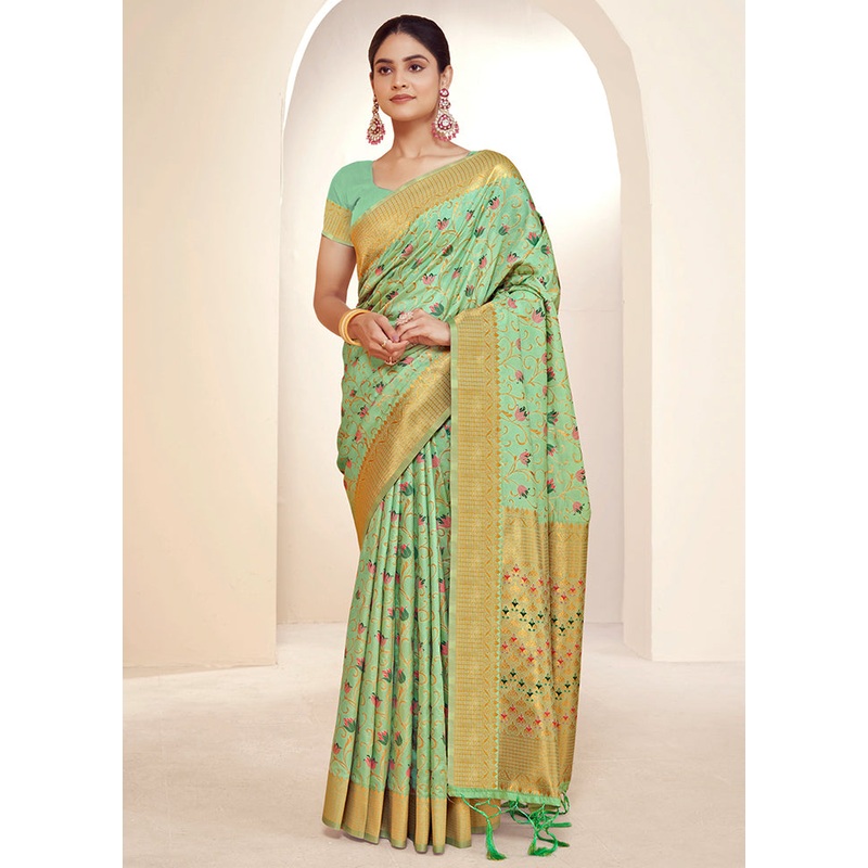 Green Dupion Silk Saree With Blouse Piece - JD986581464