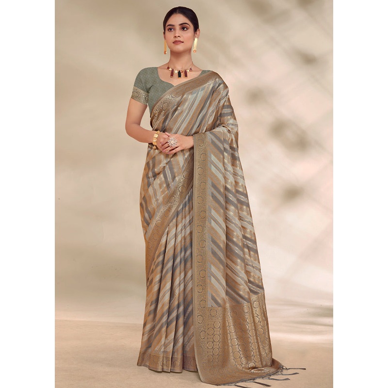 Grey Cotton Saree With Blouse Piece - JD986581467