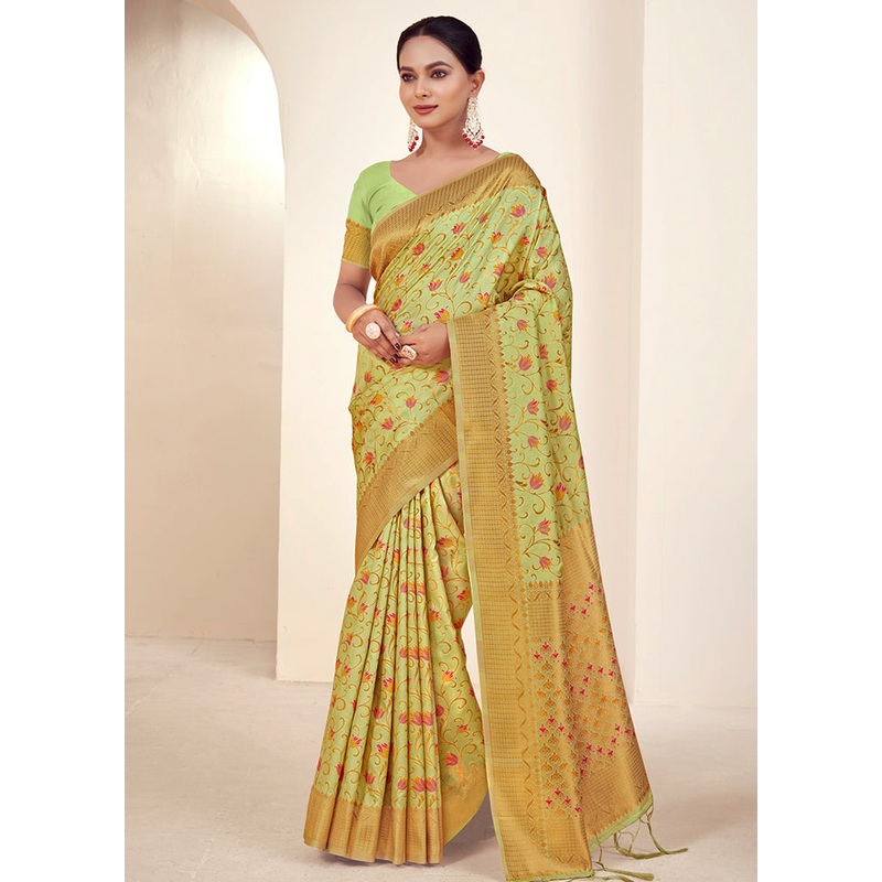 Light Green Dupion Silk Saree With Blouse Piece - JD986581470