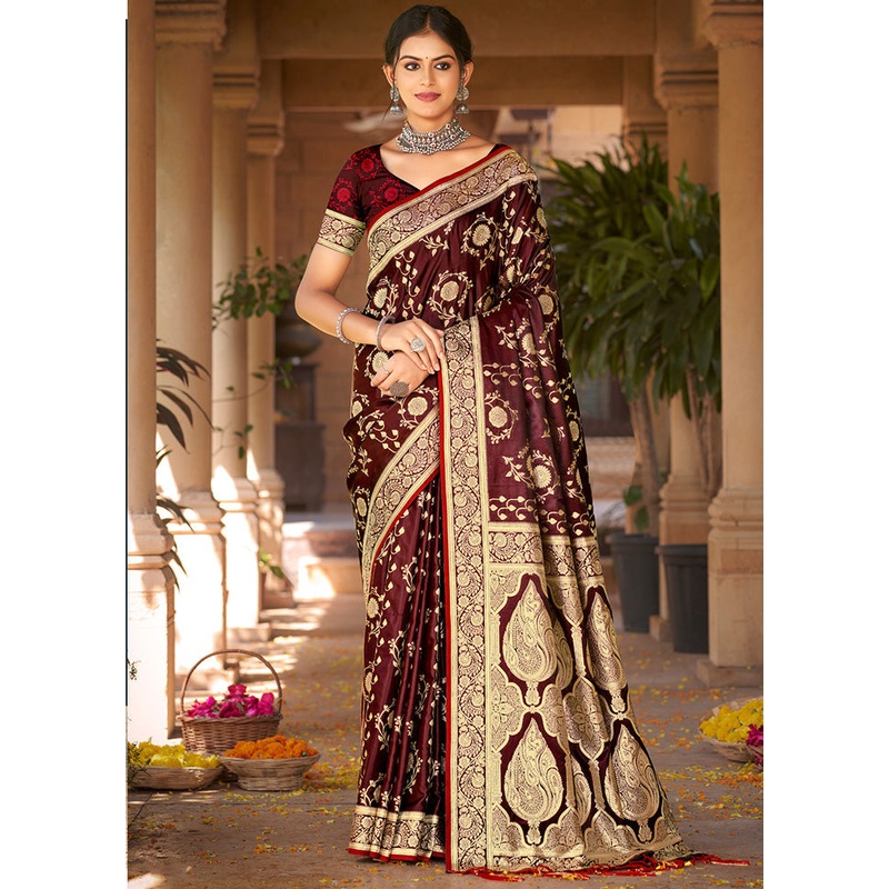 Maroon Dupion Silk Saree With Blouse Piece - JD986581410
