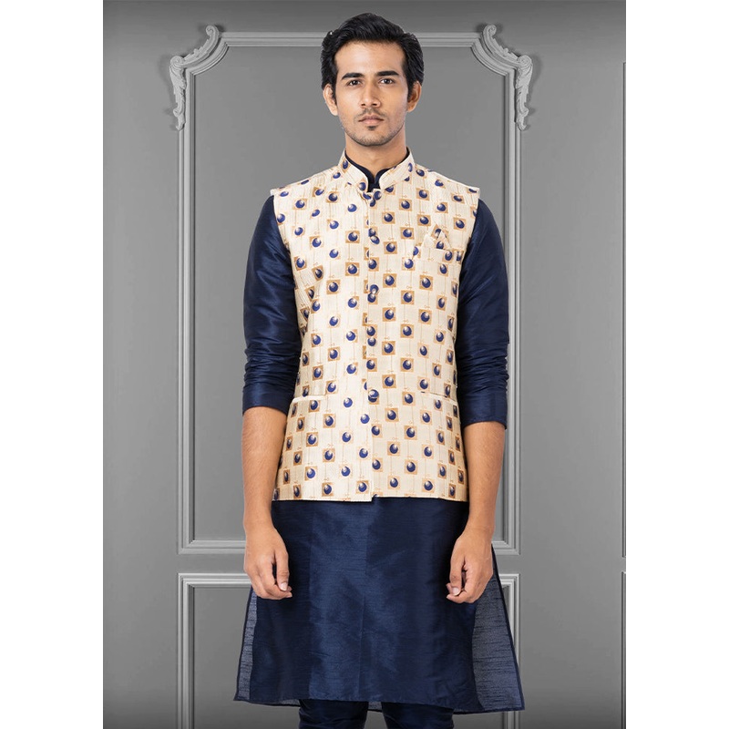 Multicolor Dupion Silk Full Sleeves Mandarin Collar Waistcoat - JD986581550
