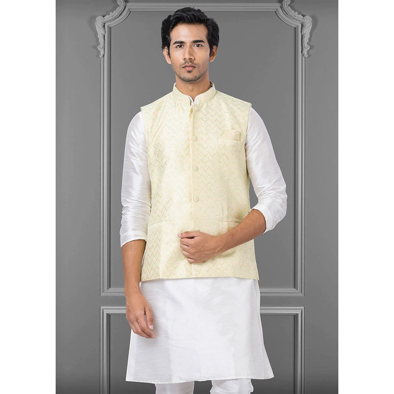 Multicolor Dupion Silk Full Sleeves Mandarin Collar Waistcoat - JD986581551