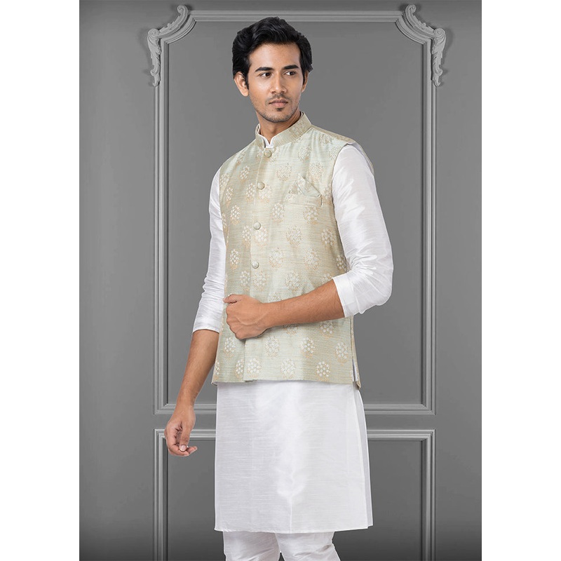 Multicolor Dupion Silk Full Sleeves Mandarin Collar Waistcoat - JD986581552