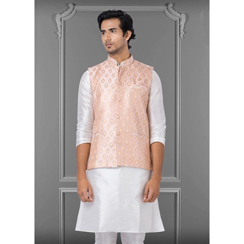 Multicolor Dupion Silk Full Sleeves Mandarin Collar Waistcoat - JD986581553