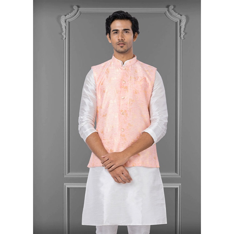 Multicolor Dupion Silk Full Sleeves Mandarin Collar Waistcoat - JD986581554