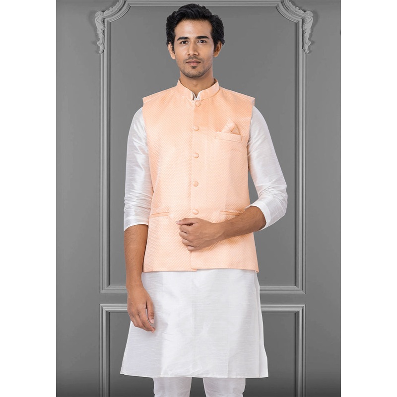 Multicolor Dupion Silk Full Sleeves Mandarin Collar Waistcoat - JD986581555