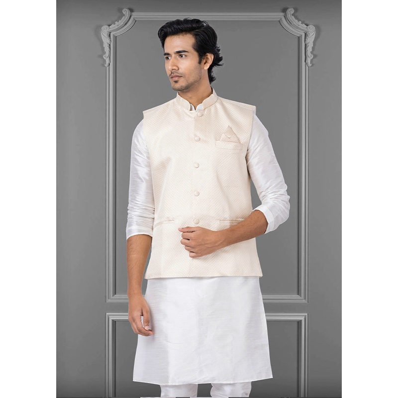 Multicolor Dupion Silk Full Sleeves Mandarin Collar Waistcoat - JD986581556