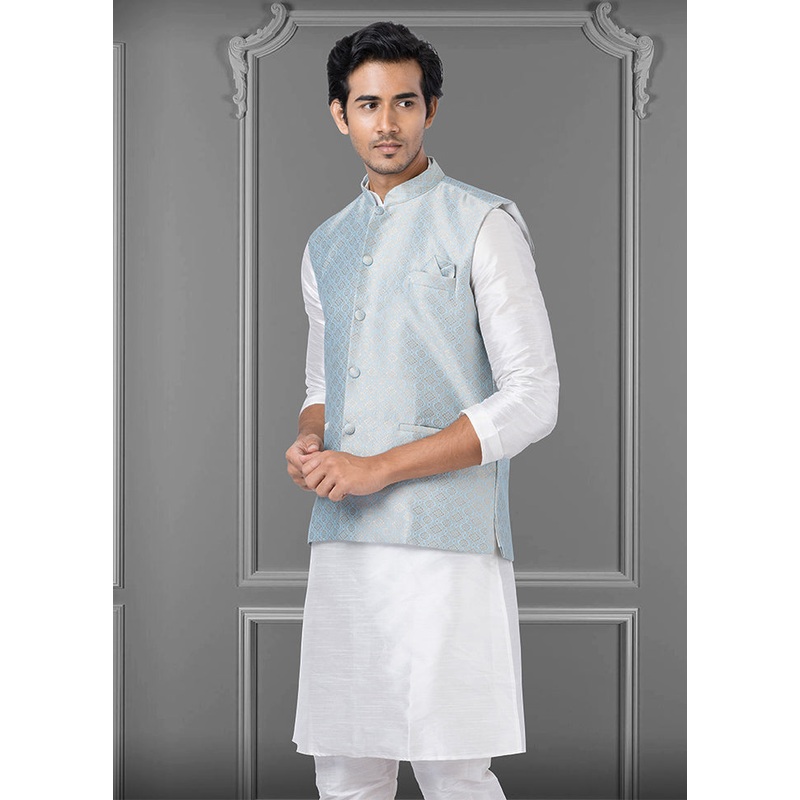 Multicolor Dupion Silk Full Sleeves Mandarin Collar Waistcoat - JD986581557