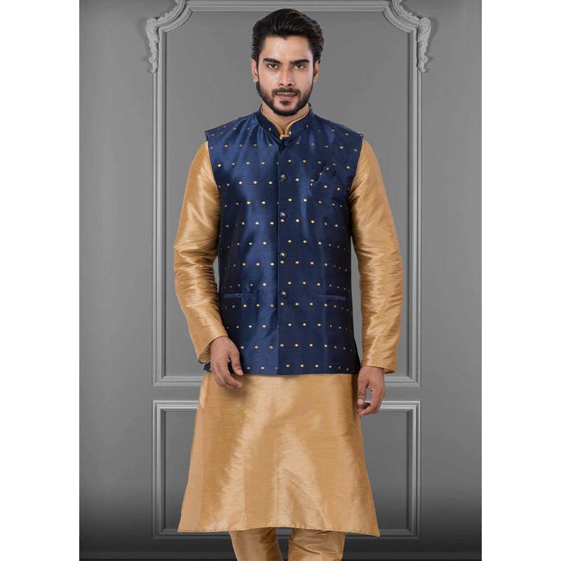 Multicolor Dupion Silk Full Sleeves Mandarin Collar Waistcoat - JD986581558