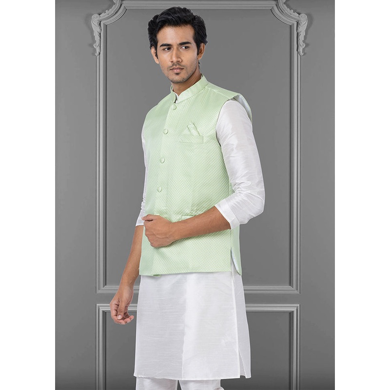 Multicolor Dupion Silk Full Sleeves Mandarin Collar Waistcoat - JD986581559
