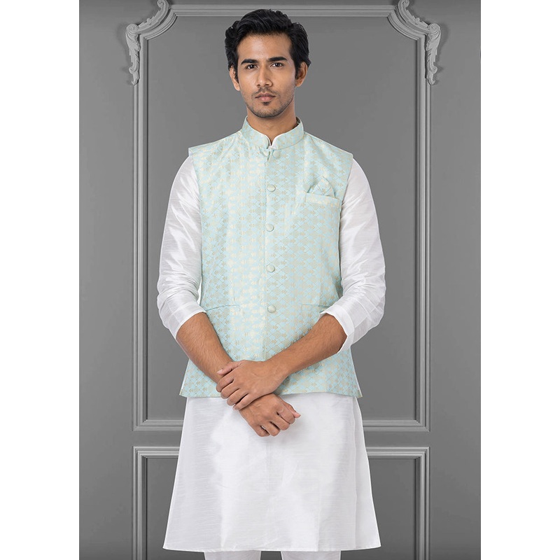 Multicolor Dupion Silk Full Sleeves Mandarin Collar Waistcoat - JD986581560