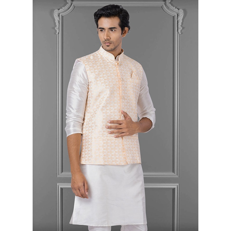 Multicolor Dupion Silk Full Sleeves Mandarin Collar Waistcoat - JD986581561