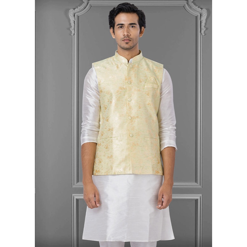 Multicolor Dupion Silk Full Sleeves Mandarin Collar Waistcoat - JD986581562