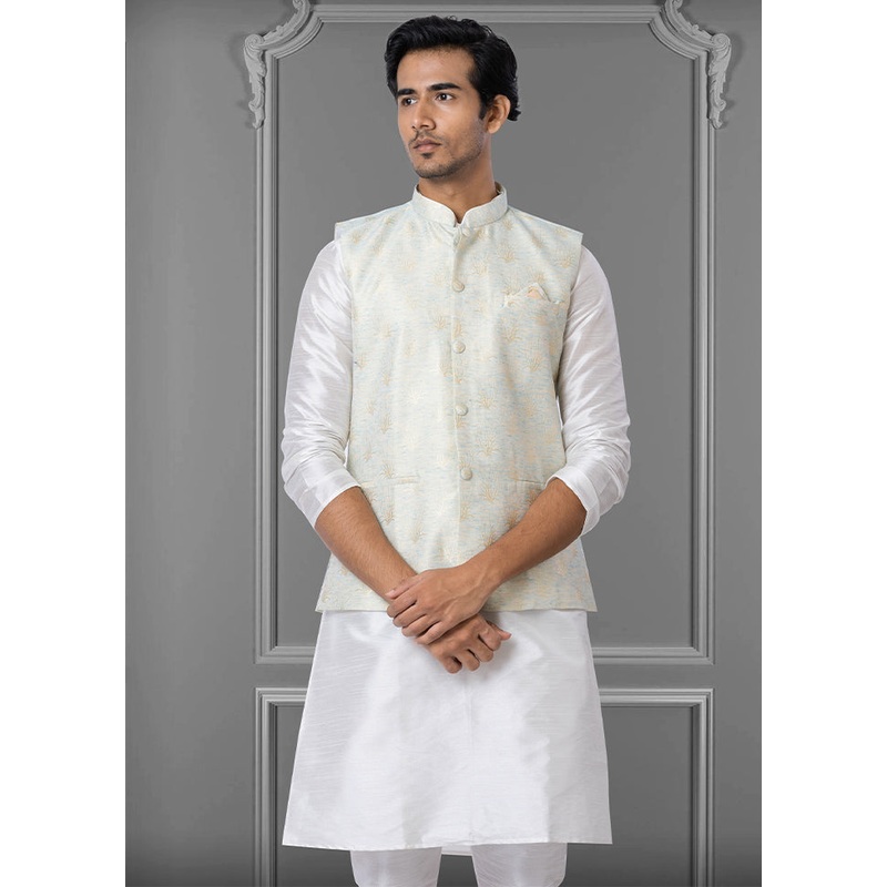 Multicolor Dupion Silk Full Sleeves Mandarin Collar Waistcoat - JD986581563