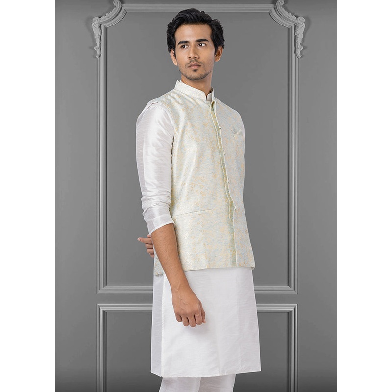Multicolor Dupion Silk Full Sleeves Mandarin Collar Waistcoat - JD986581564