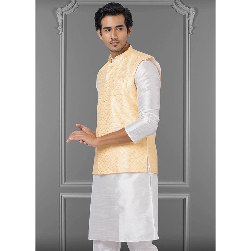 Multicolor Dupion Silk Full Sleeves Mandarin Collar Waistcoat - JD986581565