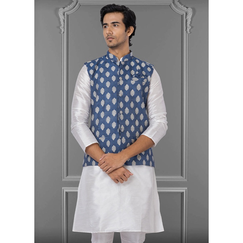 Multicolor Dupion Silk Full Sleeves Mandarin Collar Waistcoat - JD986581566