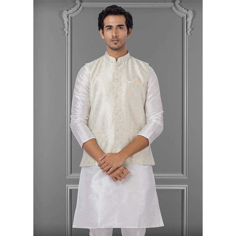 Multicolor Dupion Silk Full Sleeves Mandarin Collar Waistcoat - JD986581567