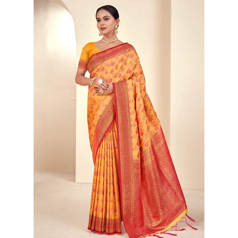 Mustard Dupion Silk Saree With Blouse Piece - JD986581479