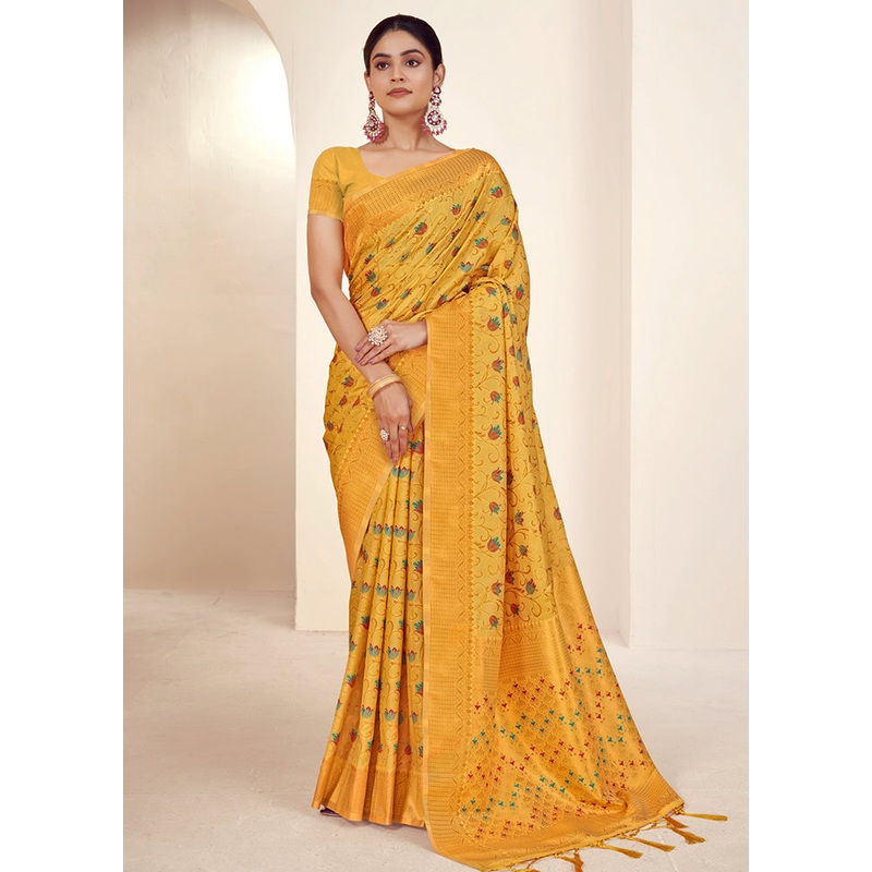 Mustard Dupion Silk Saree With Blouse Piece - JD986581481