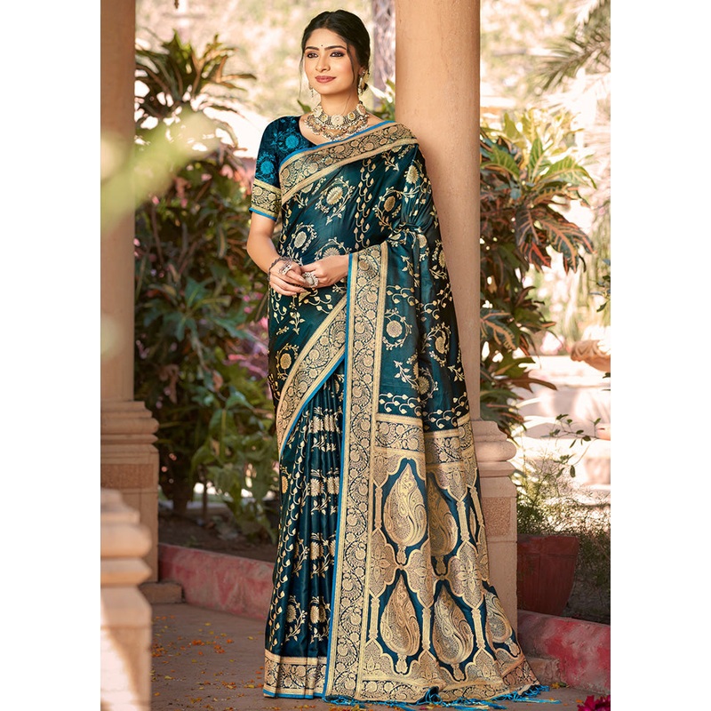 Navy Blue Dupion Silk Saree With Blouse Piece - JD986581411