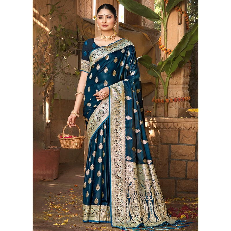 Navy Blue Dupion Silk Saree With Blouse Piece - JD986581412
