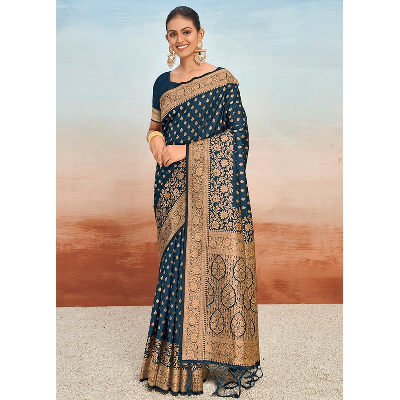 Navy Blue Dupion Silk Saree With Blouse Piece - JD986581482