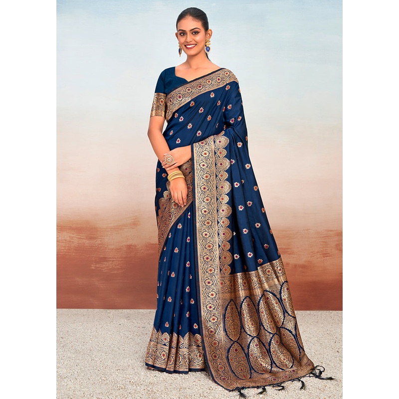 Navy Blue Dupion Silk Saree With Blouse Piece - JD986581483