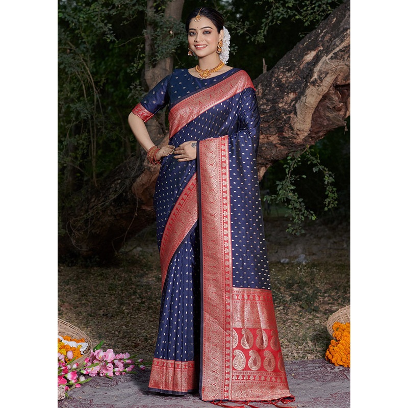 Navy Blue Dupion Silk Saree With Blouse Piece - JD986581484
